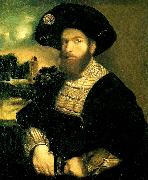 Dosso Dossi portratt av en man i svart barett oil